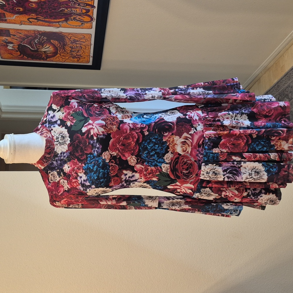 Seni & Cade Long Bell Sleeve Floral Mesh Drop Waist Mini Dress Mock Neckline
